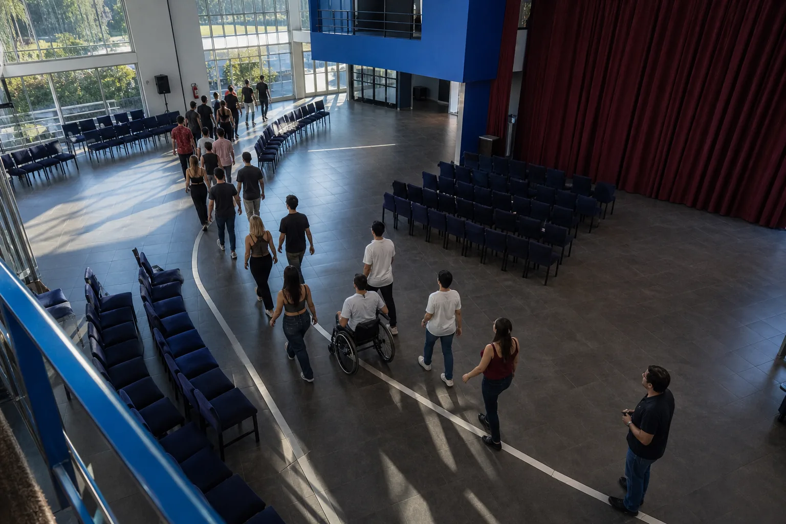 Curso de egresados ensayando el recorrido de entrada dentro del salón
