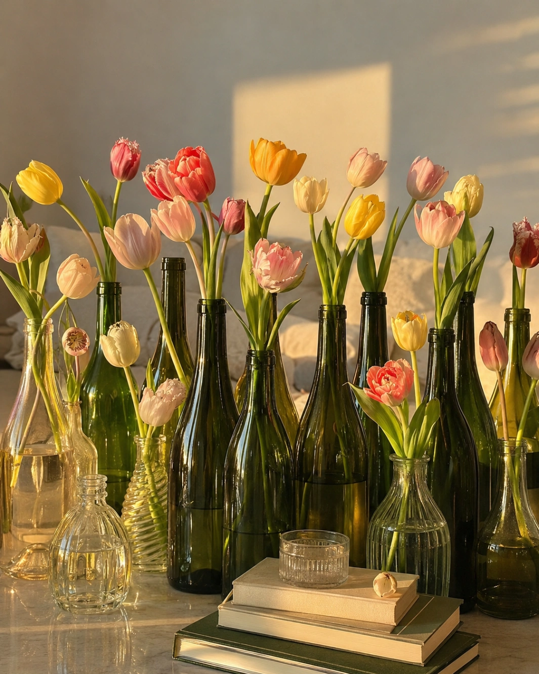 Tulipanes de colores en botellas de vidrio recicladas