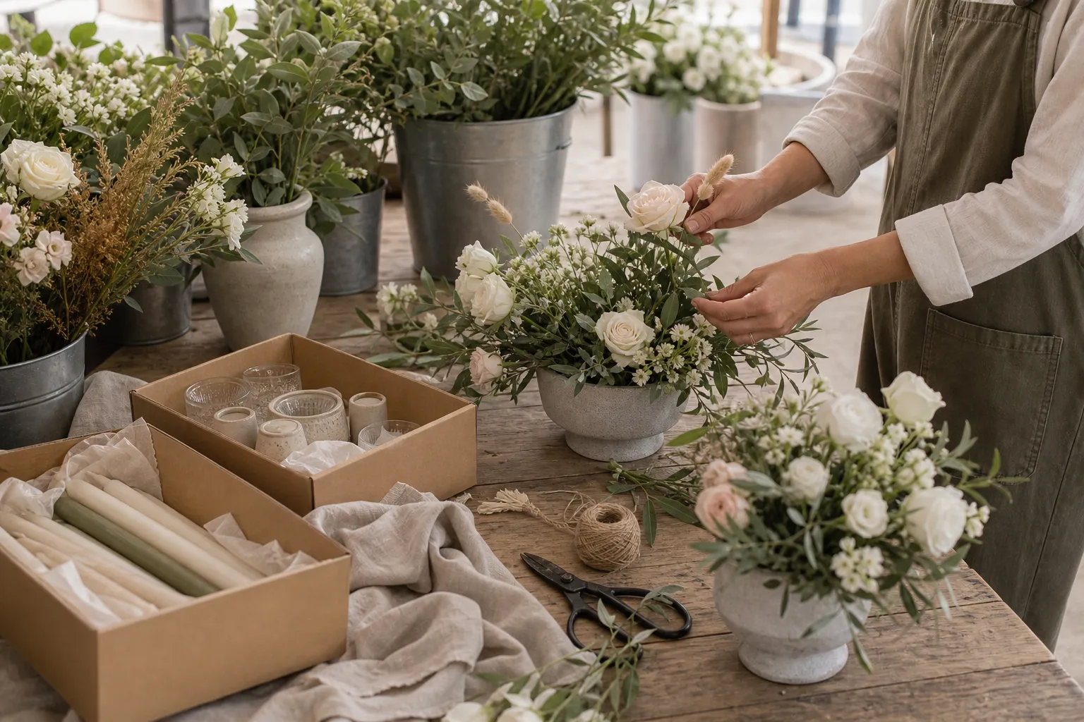Florista preparando centros de mesa con flores claras, velas y herramientas sobre una mesa de trabajo
