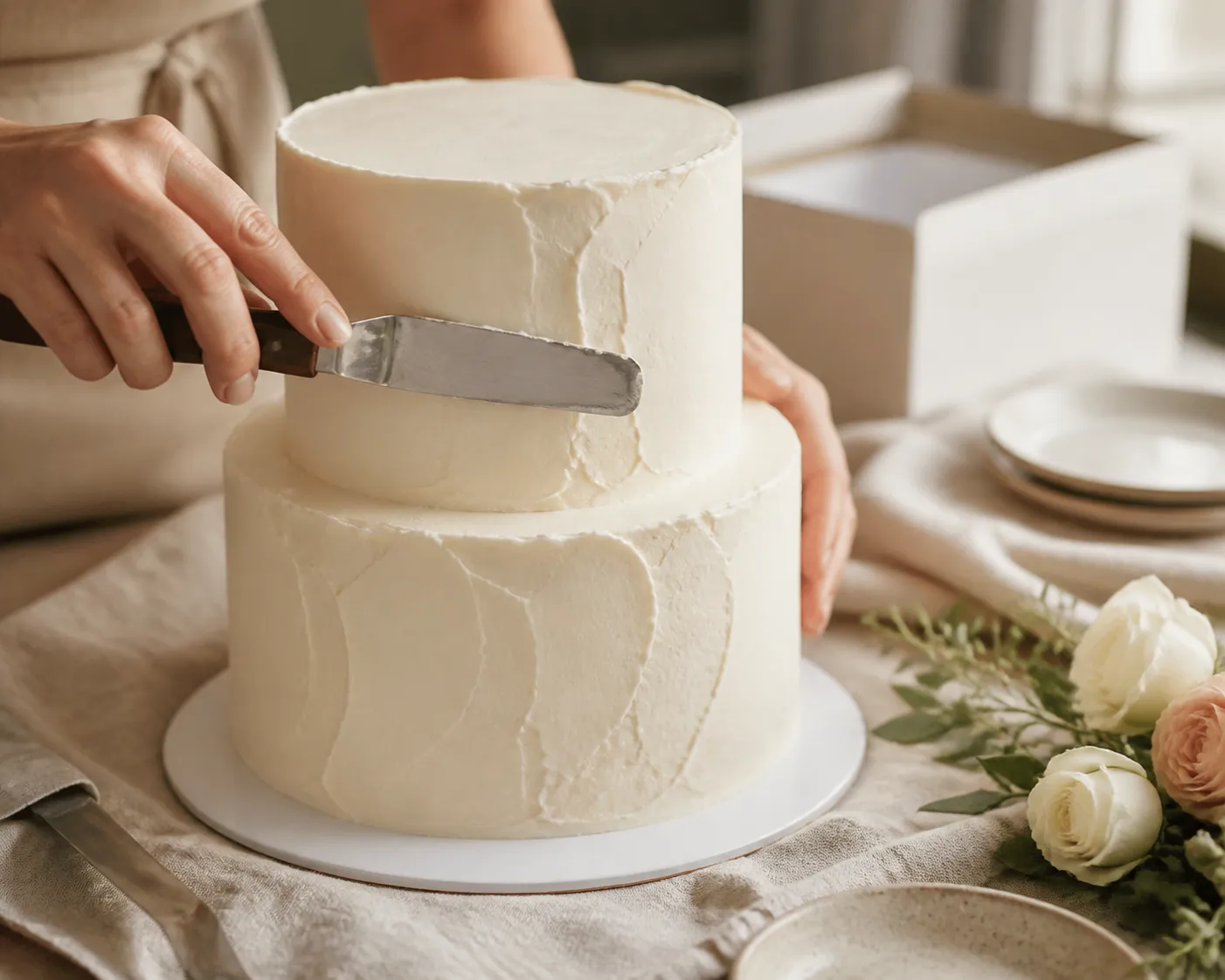 Pastelera alisando una torta de casamiento blanca sobre una mesa de trabajo