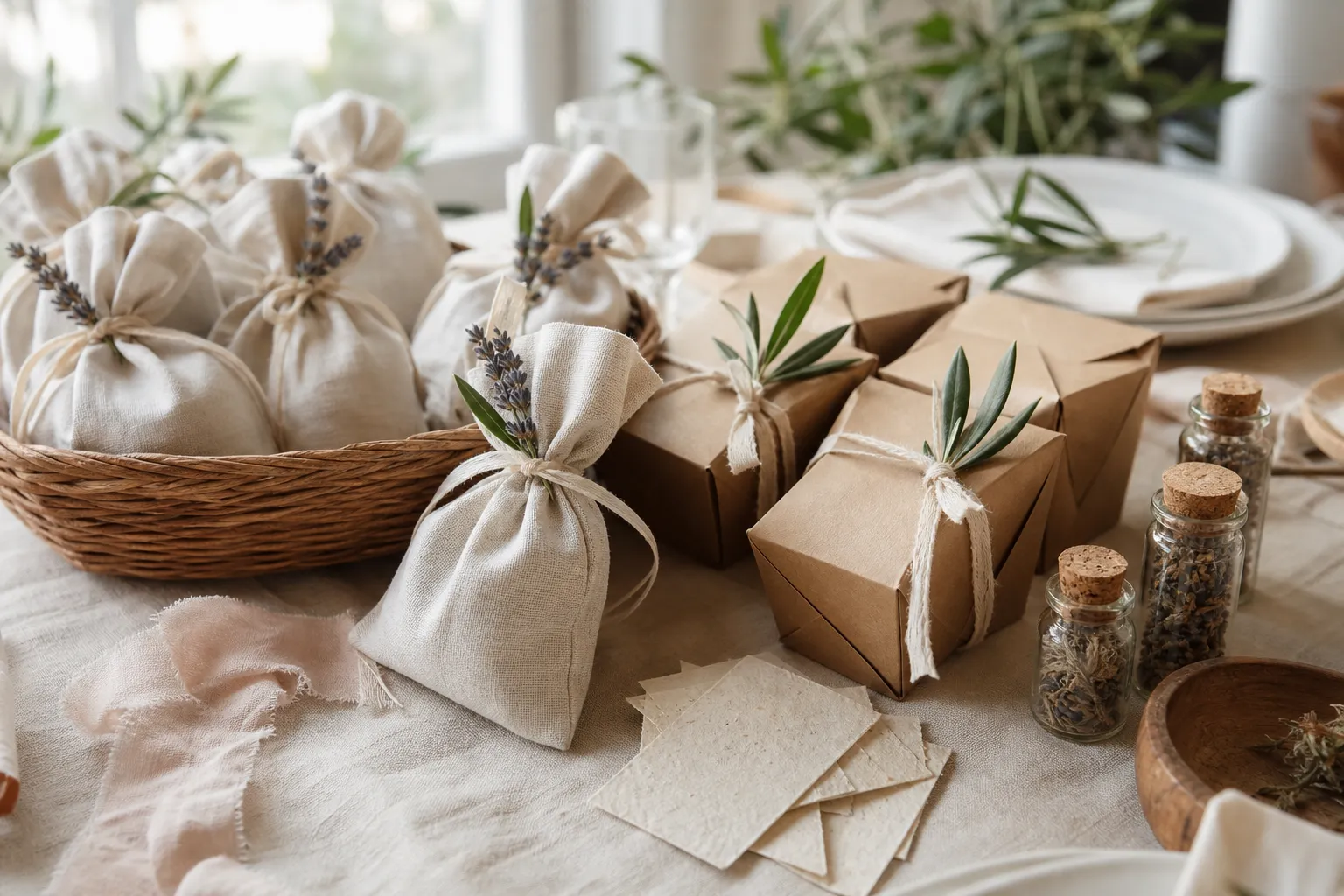 Packaging simple para souvenirs de casamiento con bolsas de tela y cajas kraft