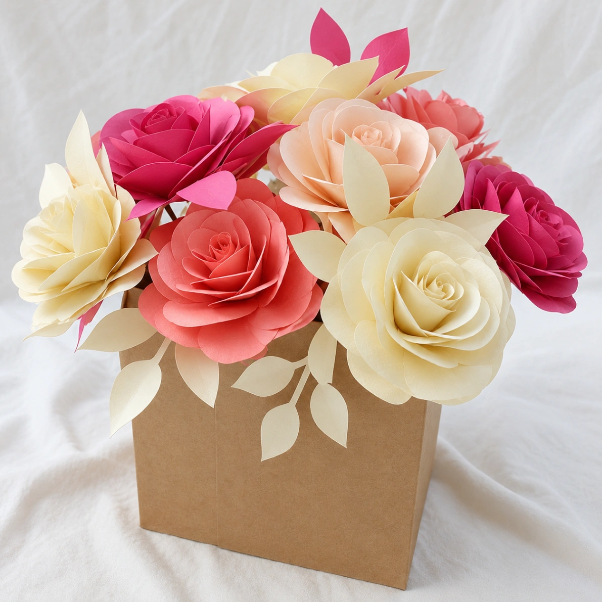 Flores de papel en tonos rosa y crema dentro de una caja