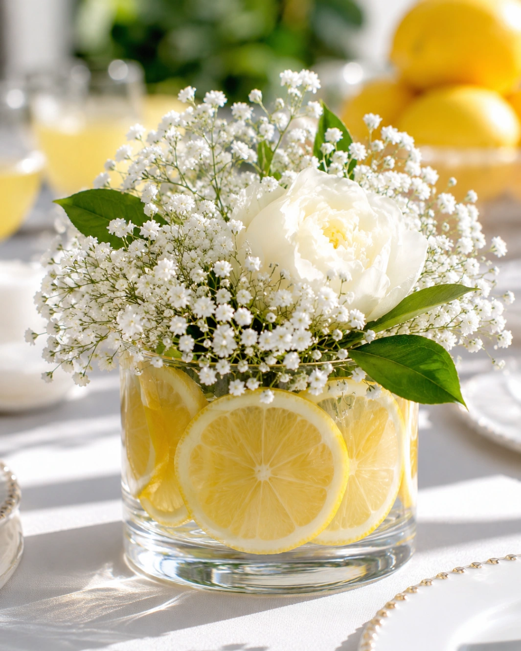 Centro de mesa con limones, flores blancas y hojas verdes