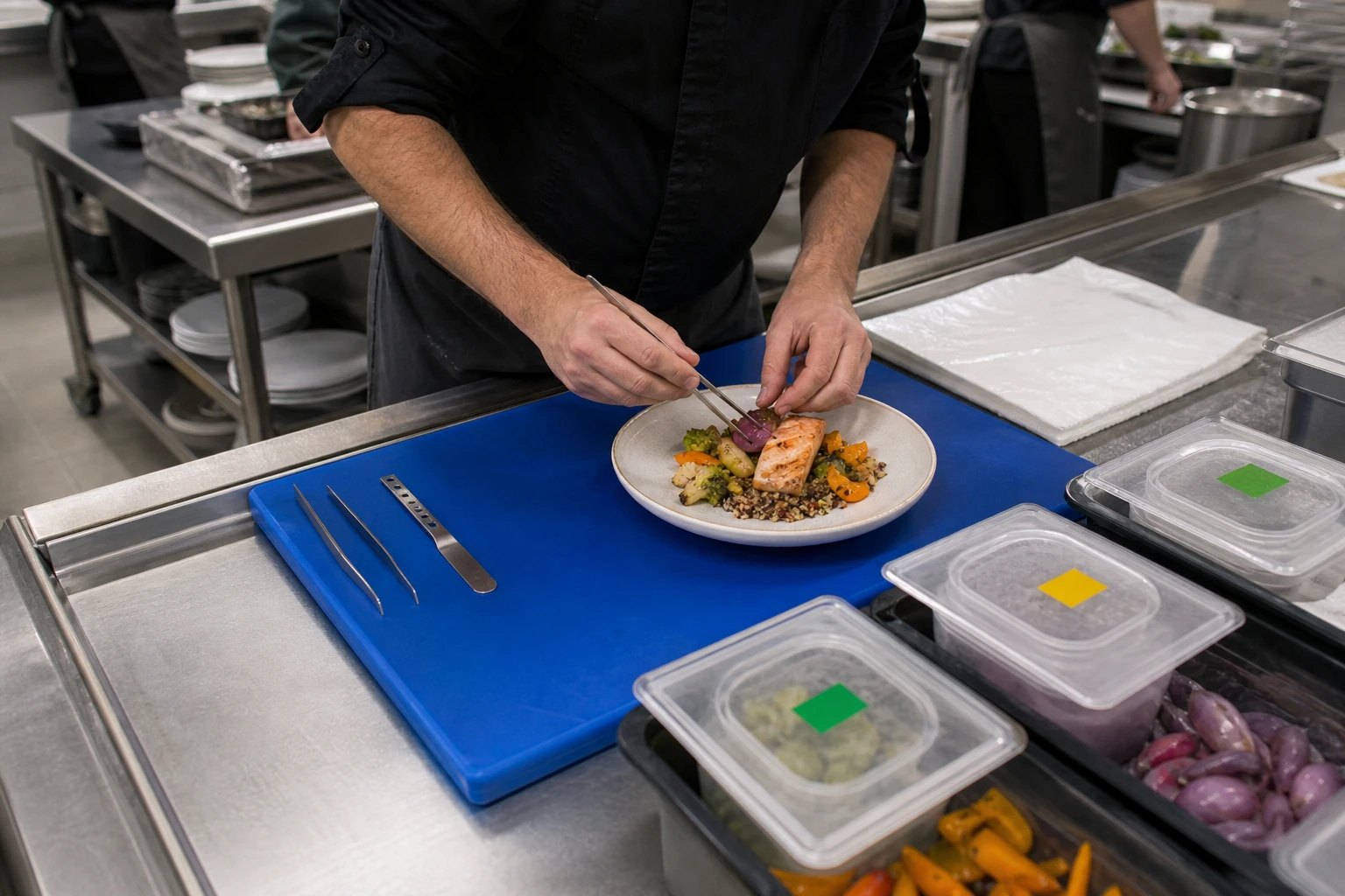 Cocinero arma un plato en una estación separada con utensilios dedicados