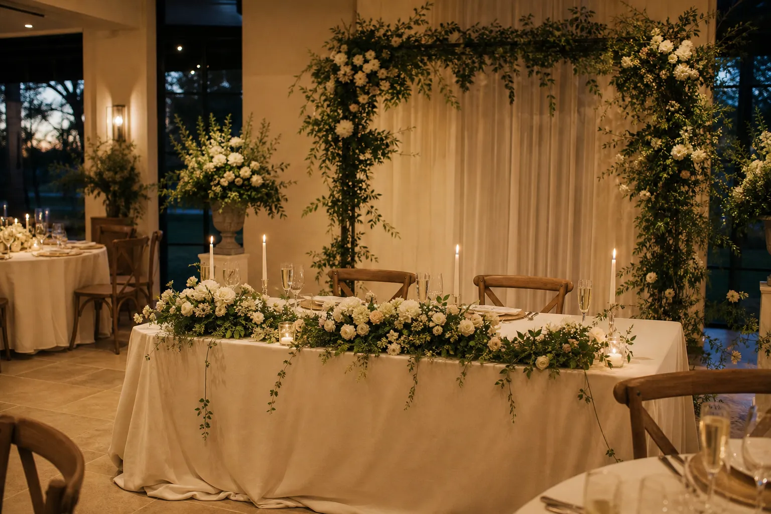 Mesa principal de casamiento con flores blancas, velas y marco verde