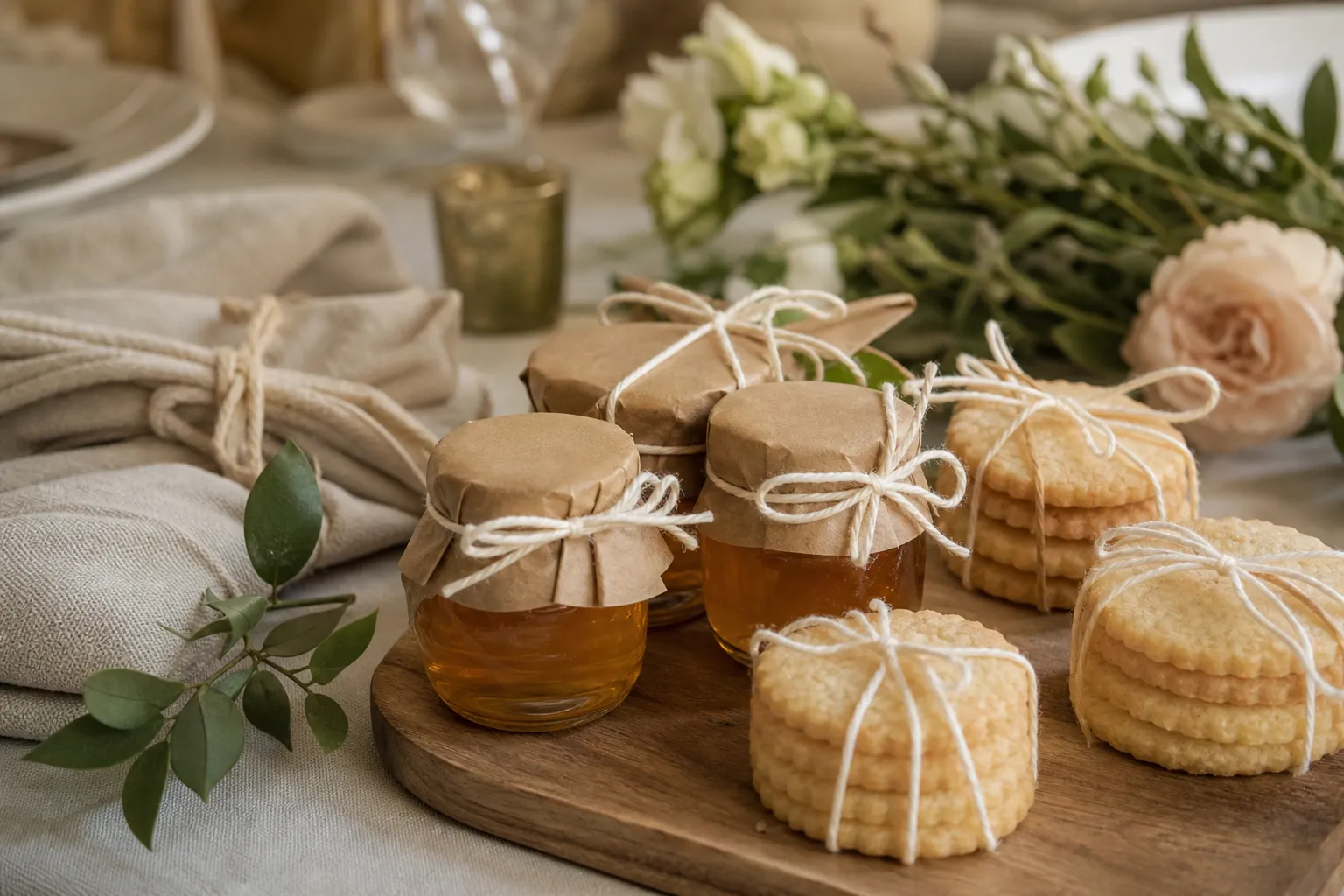 Frascos de miel y galletitas envueltas como souvenirs de casamiento