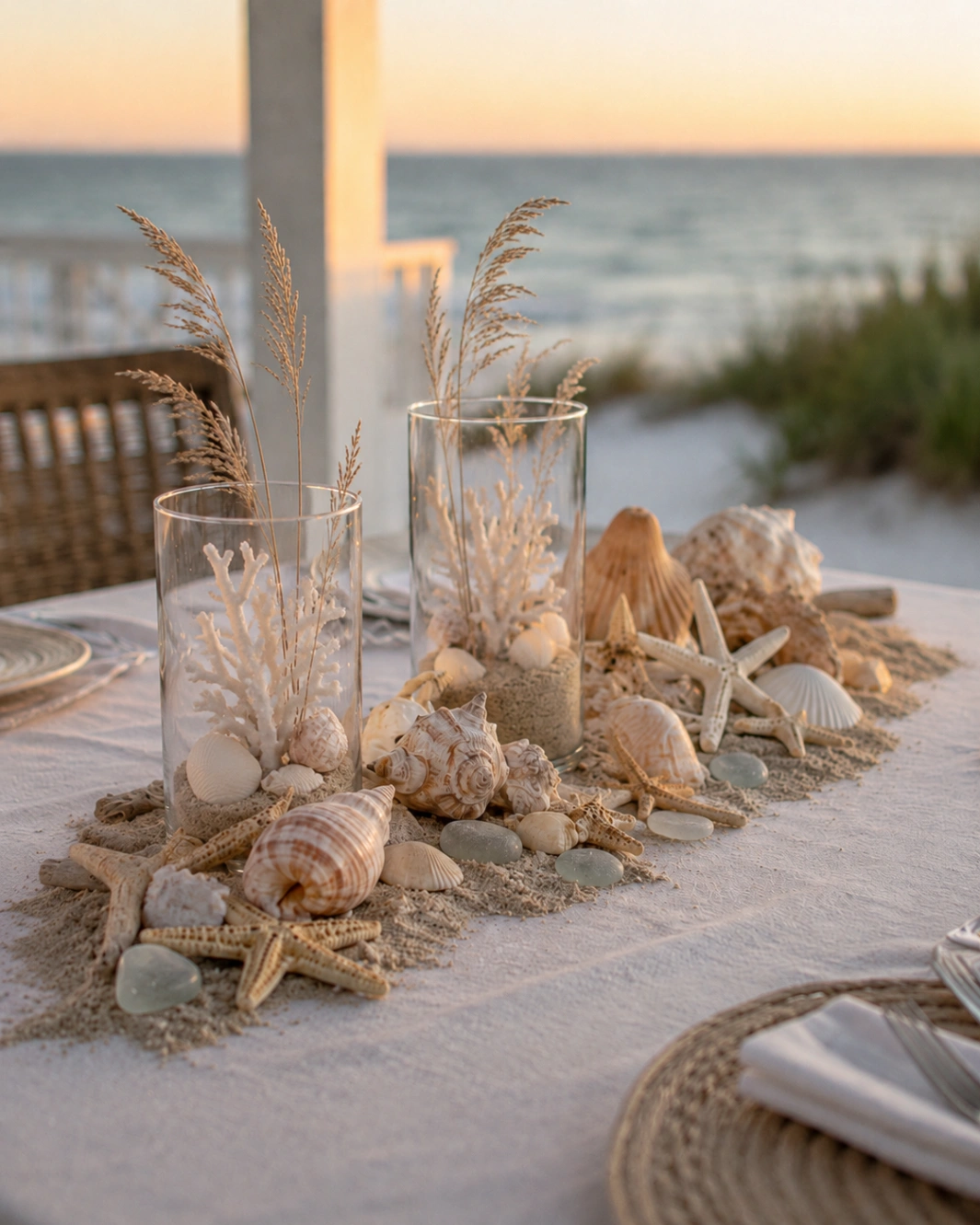 Decoracion costera con velas, caracoles y estrellas de mar