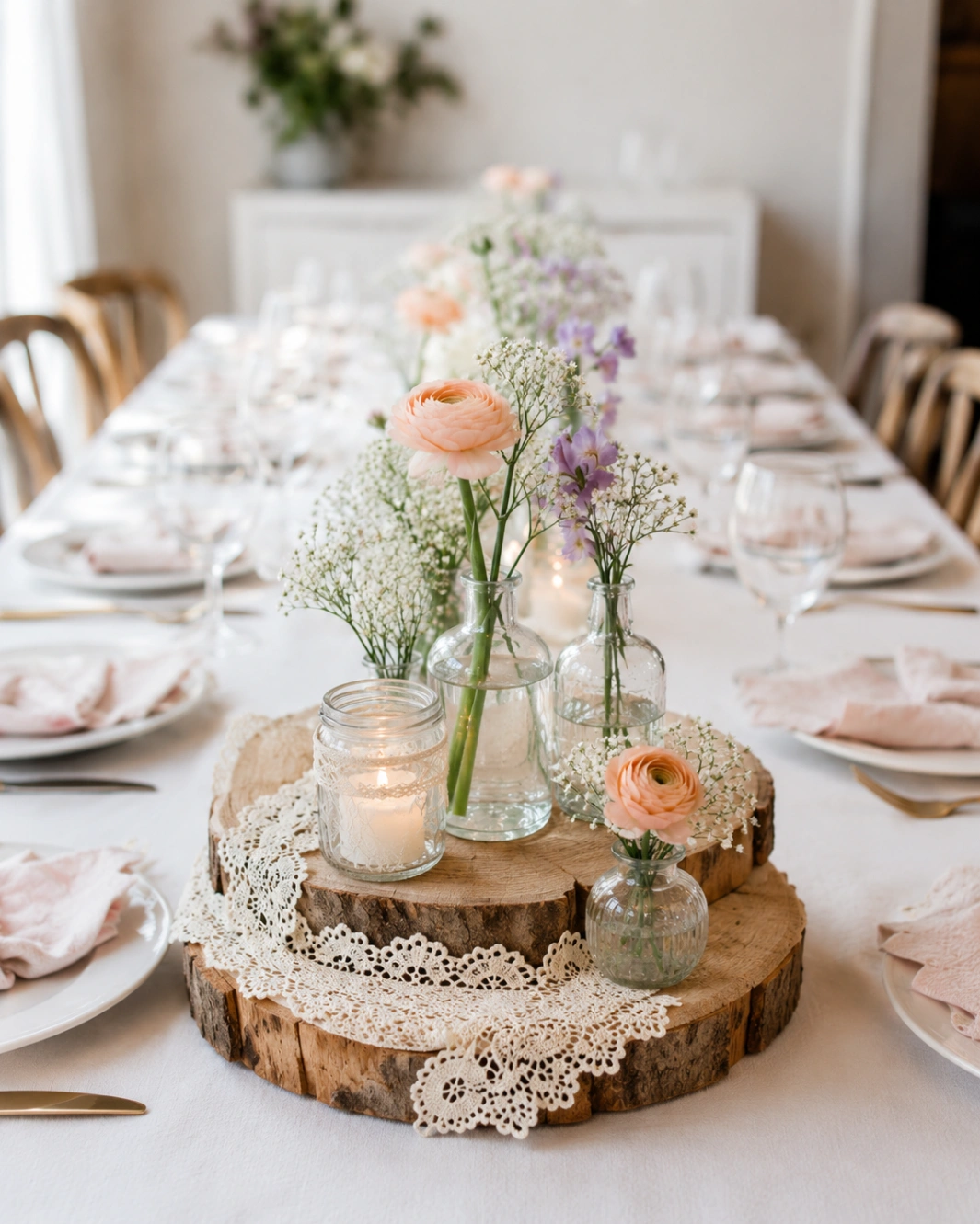 Mesa de evento con floreros pequenos y rosas pastel