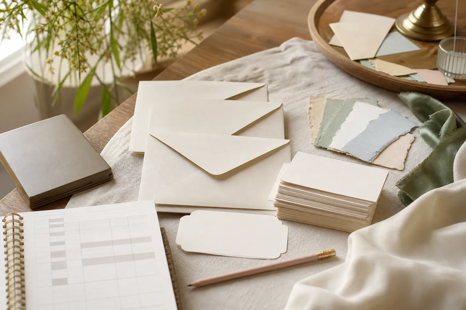 Sobres, tarjetas y muestrarios sobre una mesa para organizar presupuesto e invitados