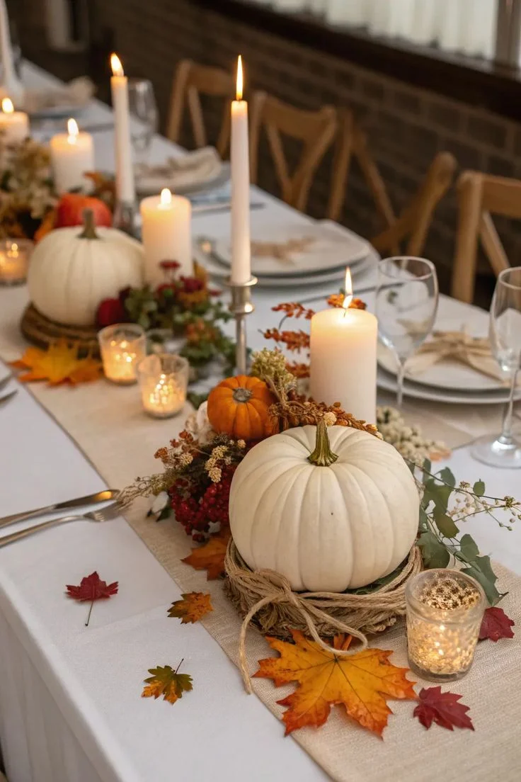 Centro de mesa otonal con calabazas blancas y velas