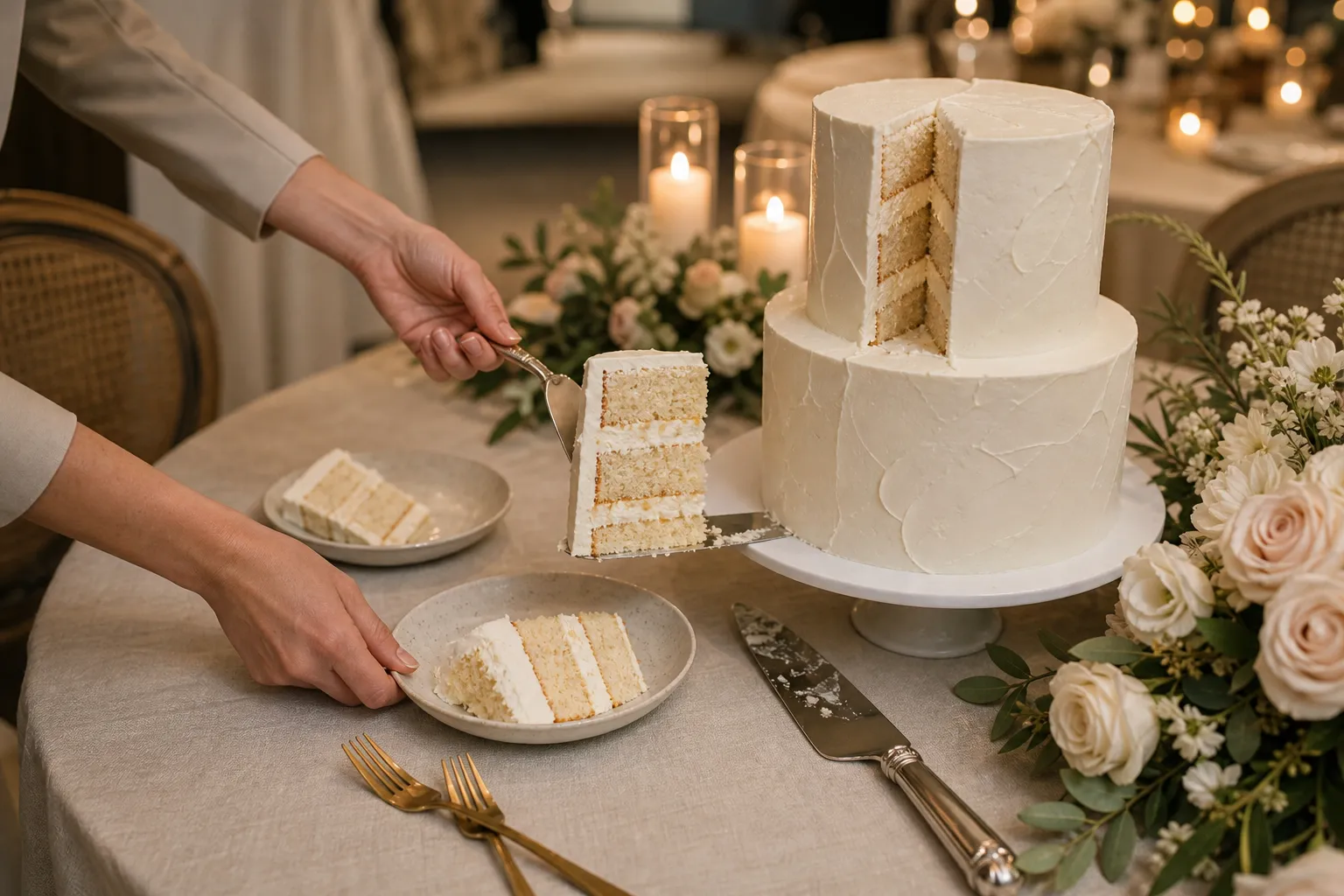 Mesa de corte con torta de casamiento, porciones servidas y luz cálida
