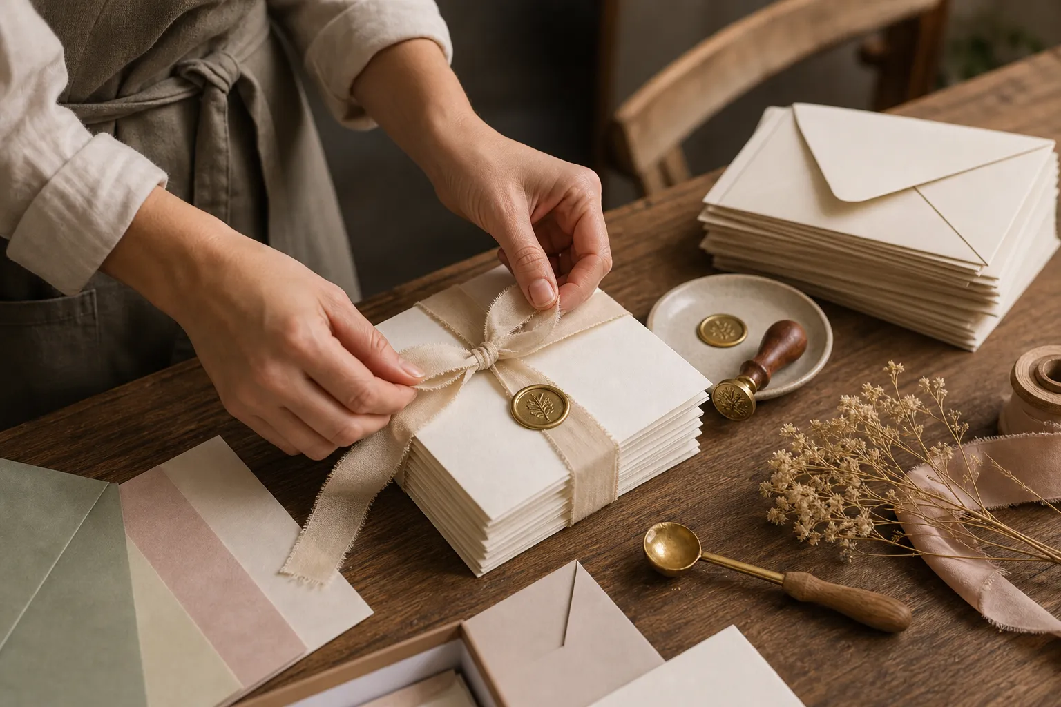 Manos atando invitaciones de casamiento impresas con cinta y sobres neutros