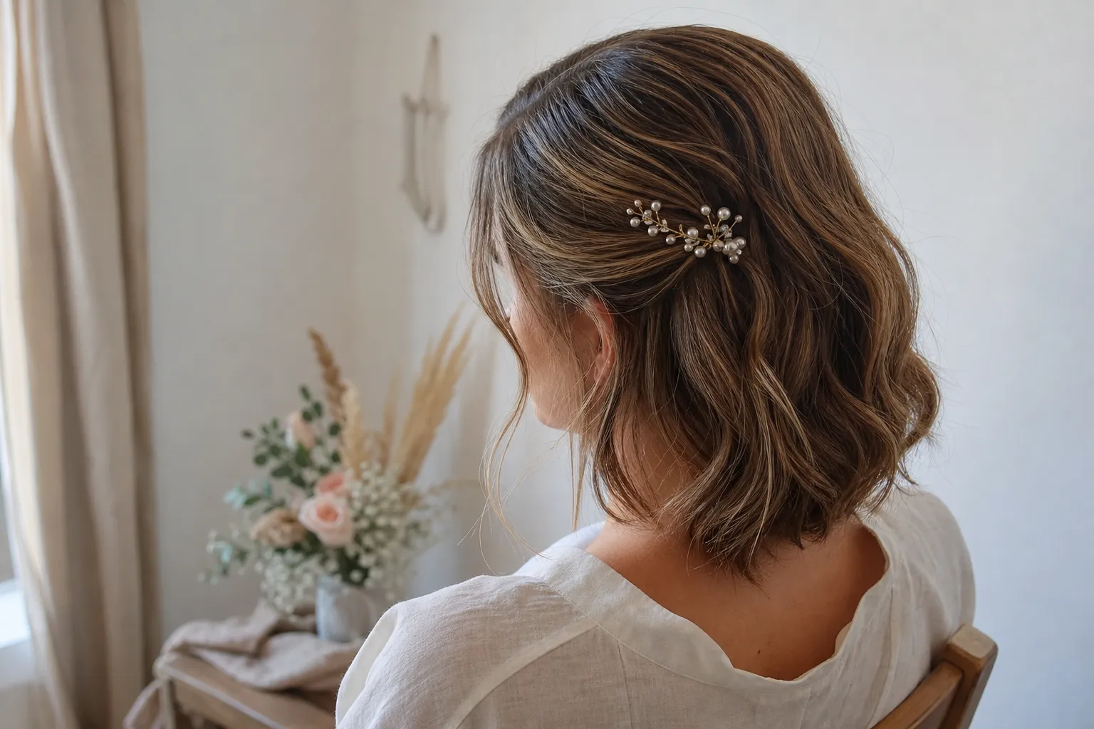 Peinado de casamiento para pelo midi con ondas suaves y broche delicado