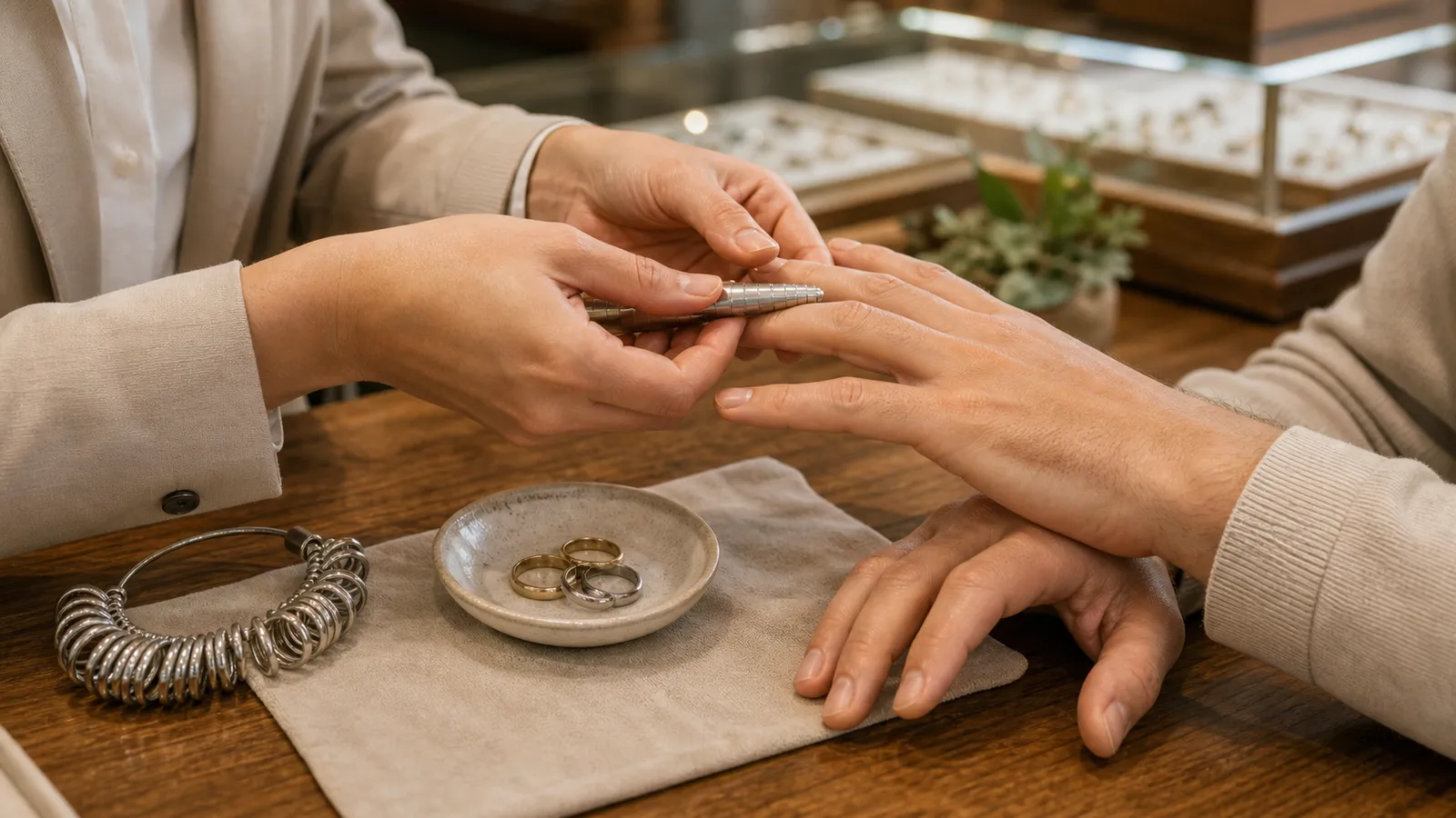 Joyería midiendo una alianza de casamiento en la mano de una persona