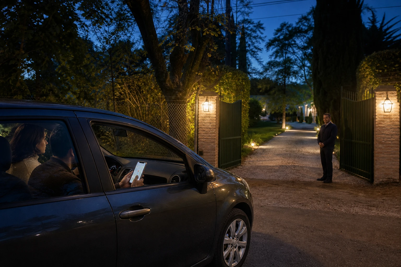 Invitados llegando en auto a la entrada iluminada de una quinta