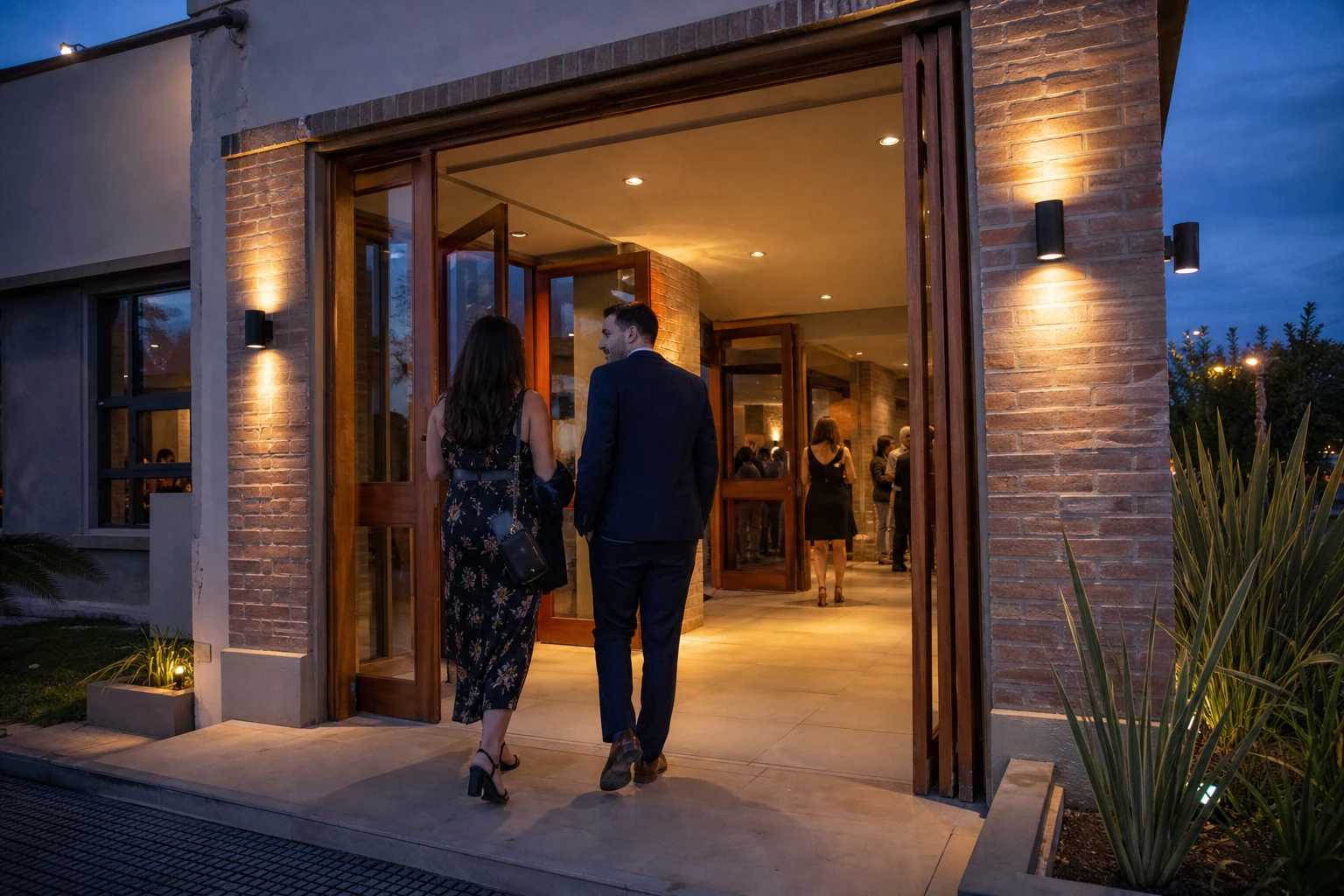 Invitados entran a un salón de eventos al anochecer