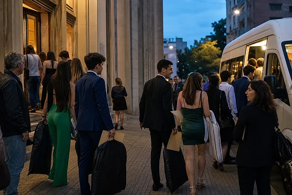 Egresados salen del acto con diplomas y se dirigen a una combi para ir a la fiesta