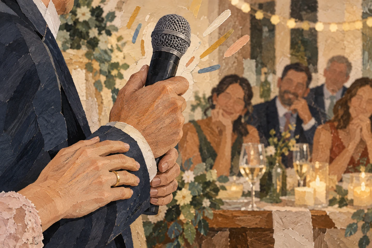 Manos sostienen un micrófono durante un brindis frente a una mesa con invitados.