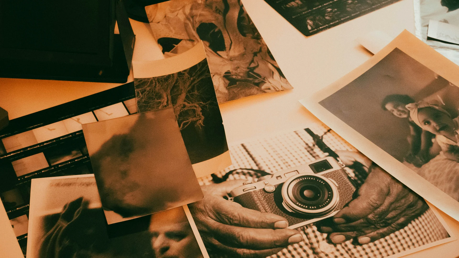 Fotografías familiares impresas seleccionadas para preparar un video sorpresa de 15