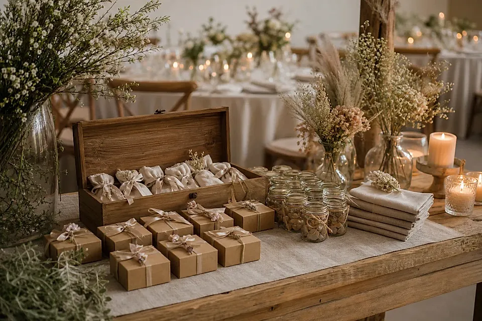 Mesa de souvenirs de casamiento con cajas, bolsitas de tela y frascos en una recepción cálida
