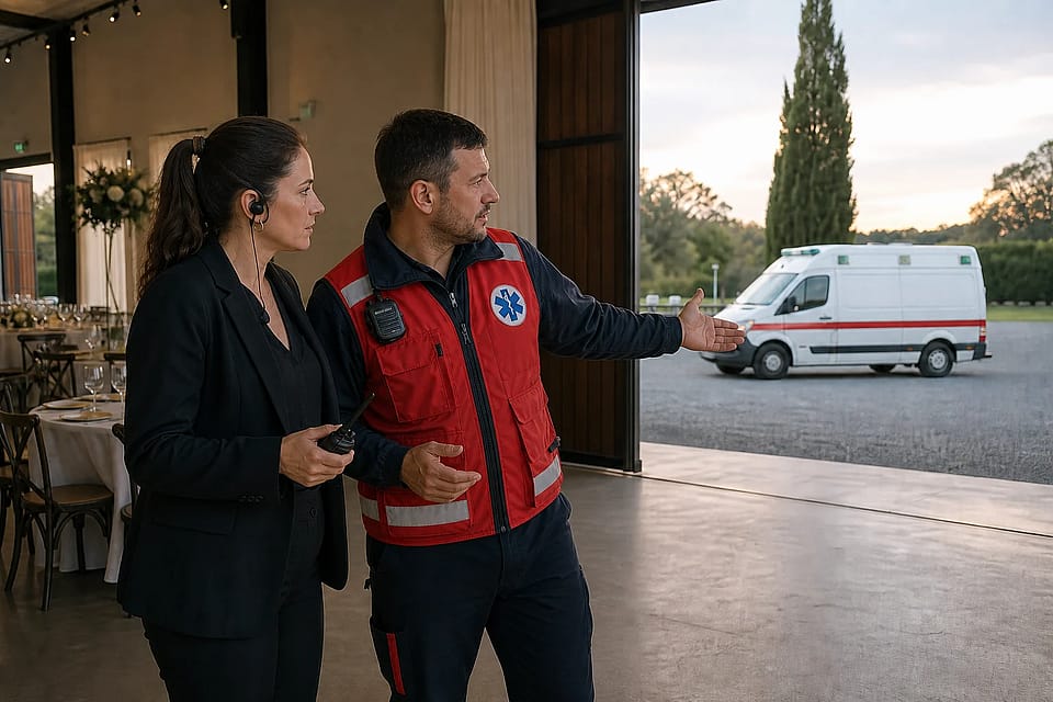 Coordinadora de eventos y equipo médico revisan el acceso de una ambulancia en un salón