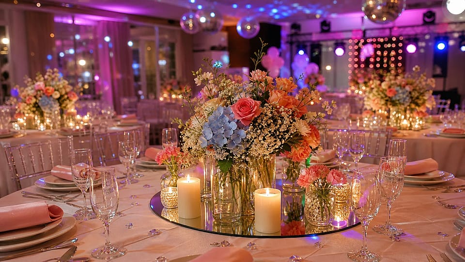 Centros de mesa para 15 años con flores, luces y copas