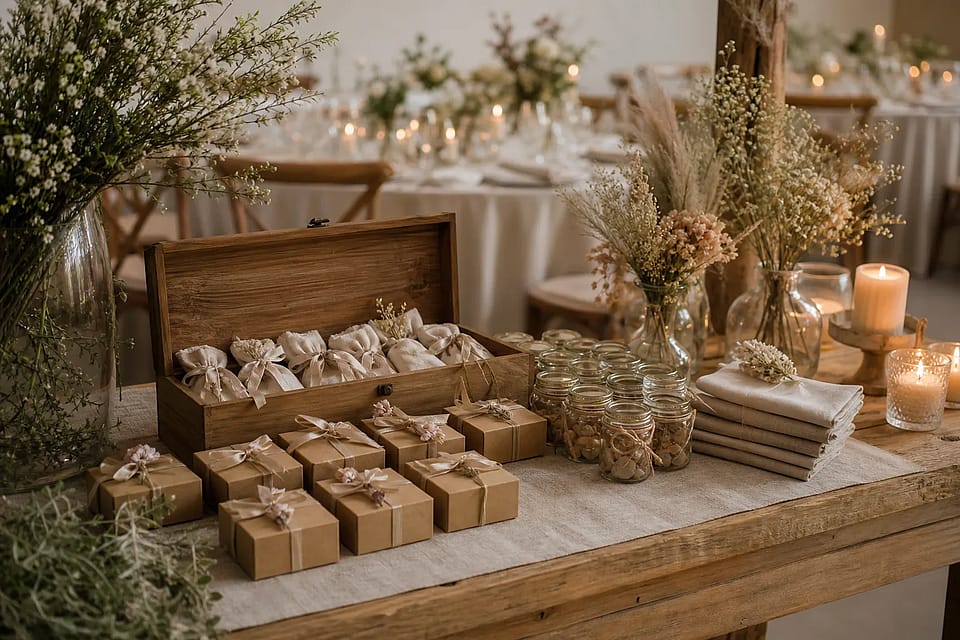 Mesa de souvenirs de casamiento con cajas, bolsitas de tela y frascos en una recepción cálida