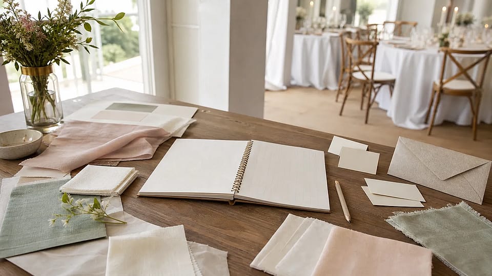 Mesa de planificación de casamiento con muestrarios, tarjetas y un salón preparado de fondo