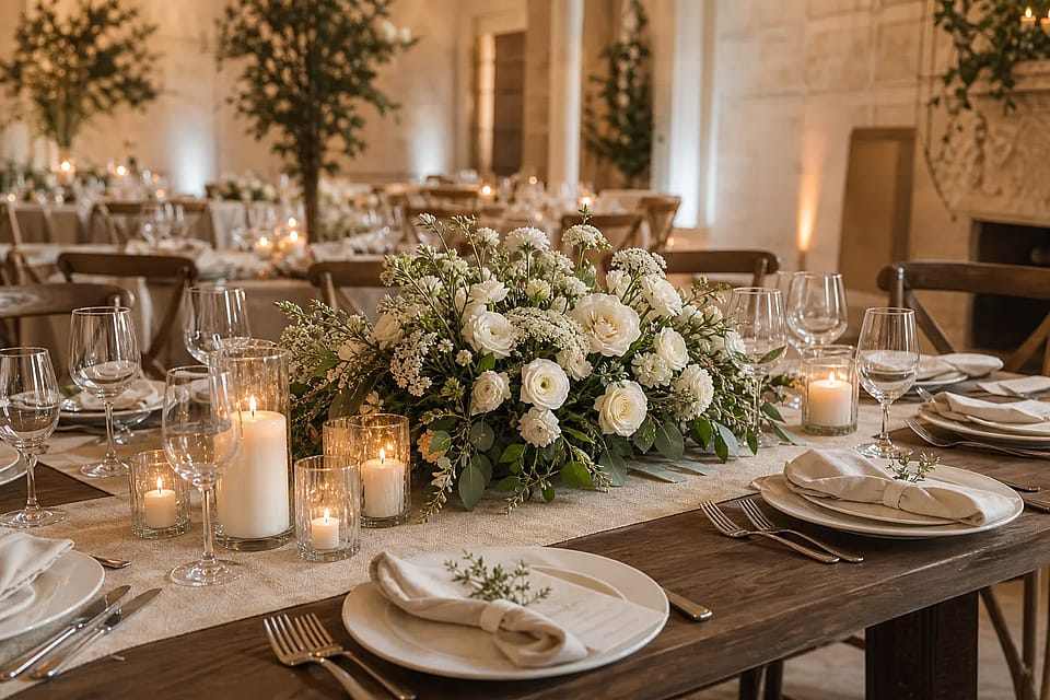Mesa de casamiento con centro bajo de flores blancas y velas en un salón cálido