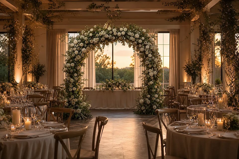 Salón de casamiento con arco floral, mesas redondas y luz cálida de tarde