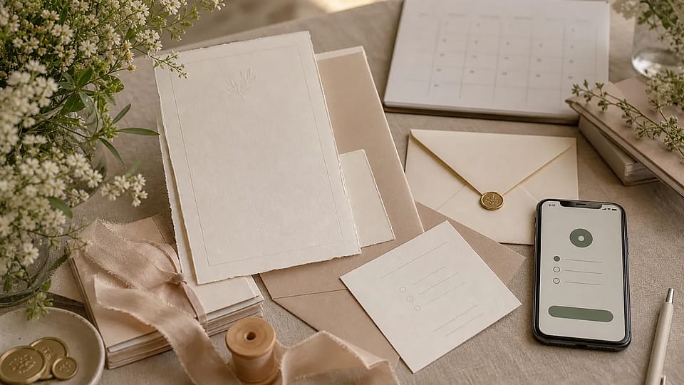 Papelería de invitaciones de casamiento con sobres, tarjetas y celular sin texto legible