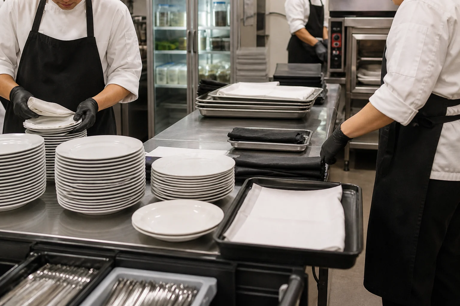 Equipo de catering organiza platos y superficies de trabajo en una cocina de apoyo