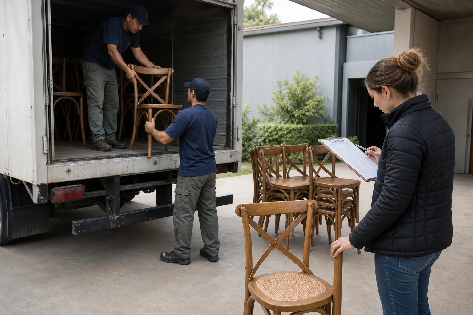Coordinadora controla el inventario mientras descargan sillas alquiladas en un salón