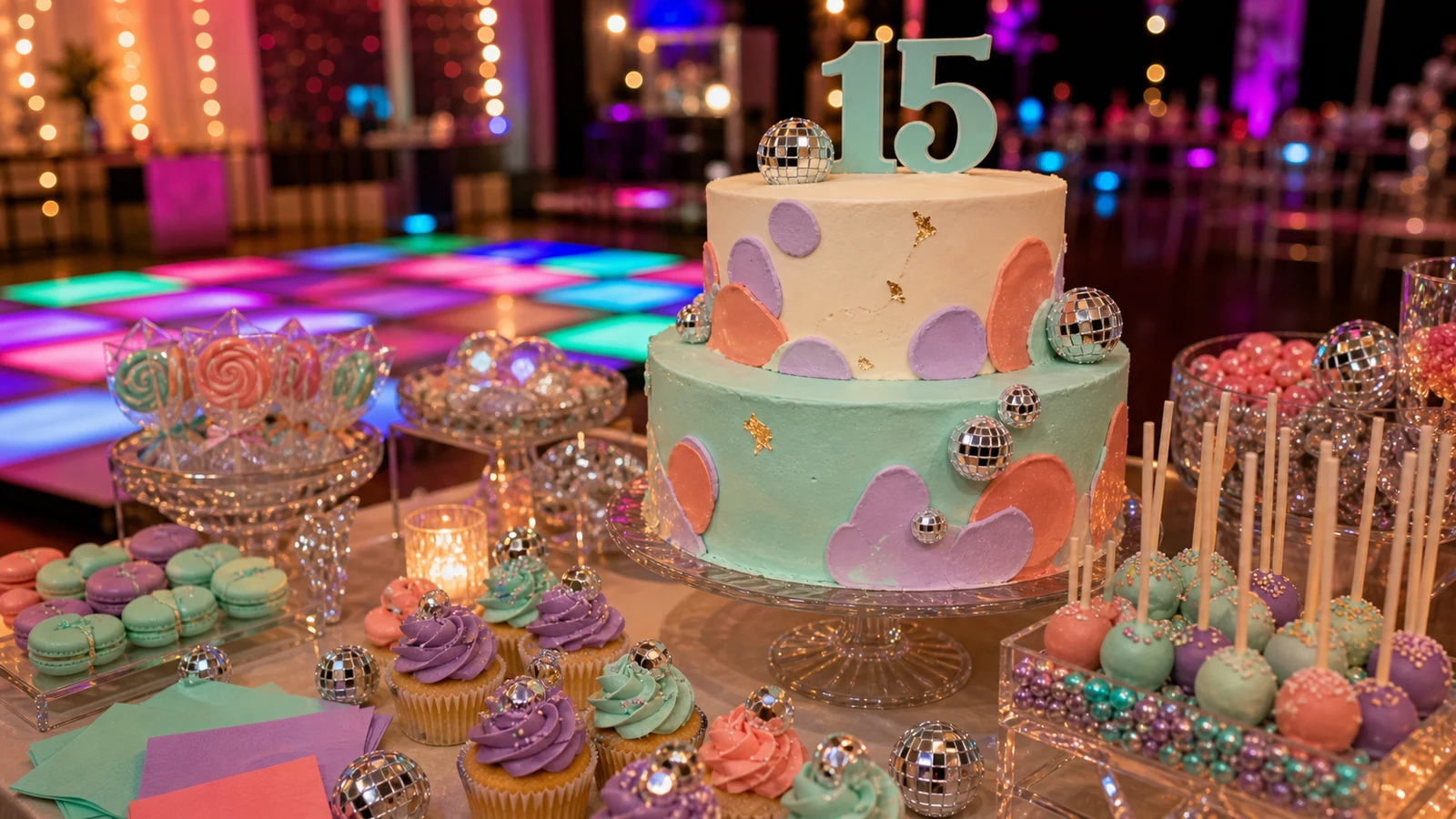 Torta de 15 años mint con mesa dulce y luces de pista