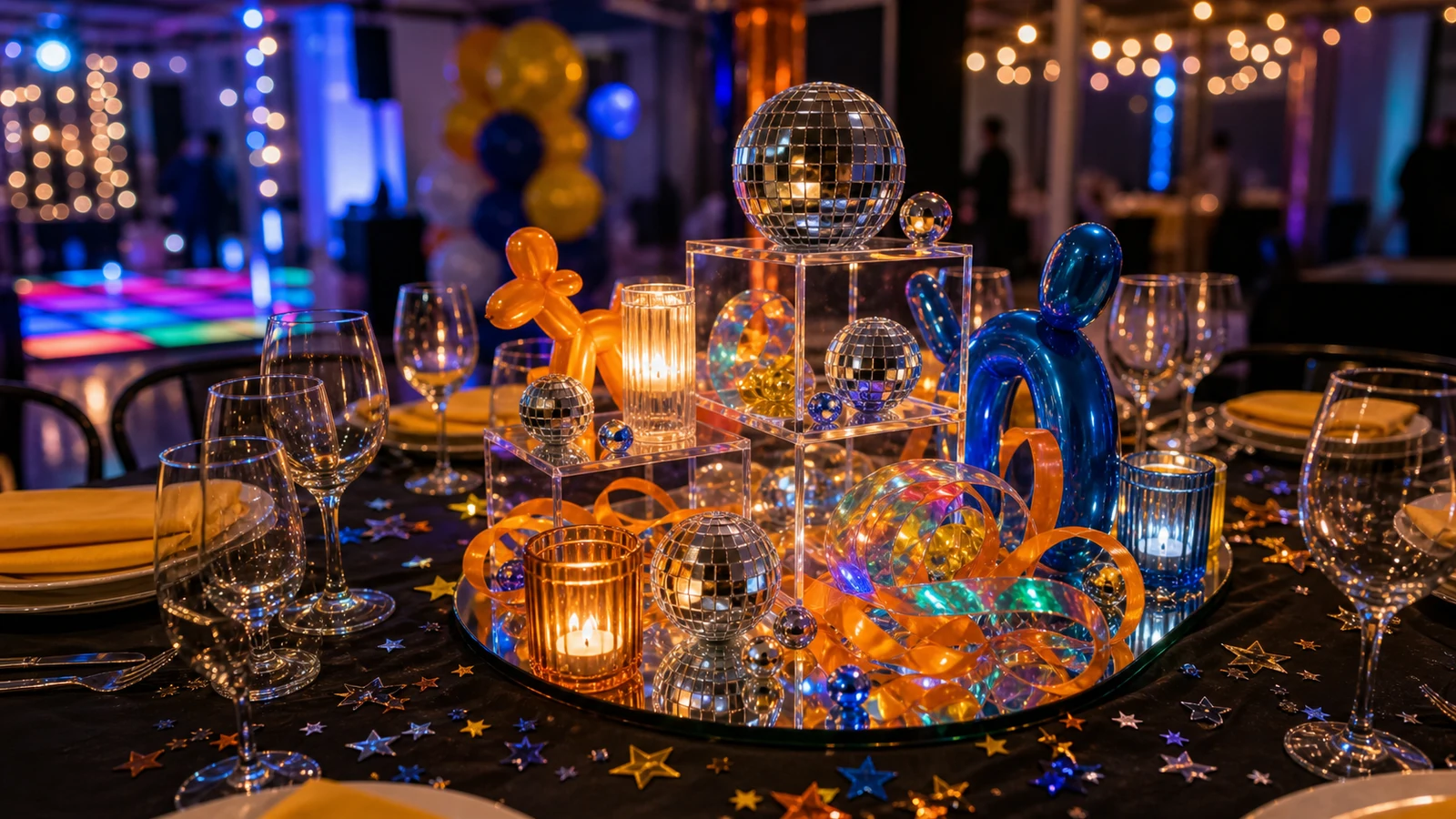 Centro de mesa para 15 con acrílico, disco y colores cítricos