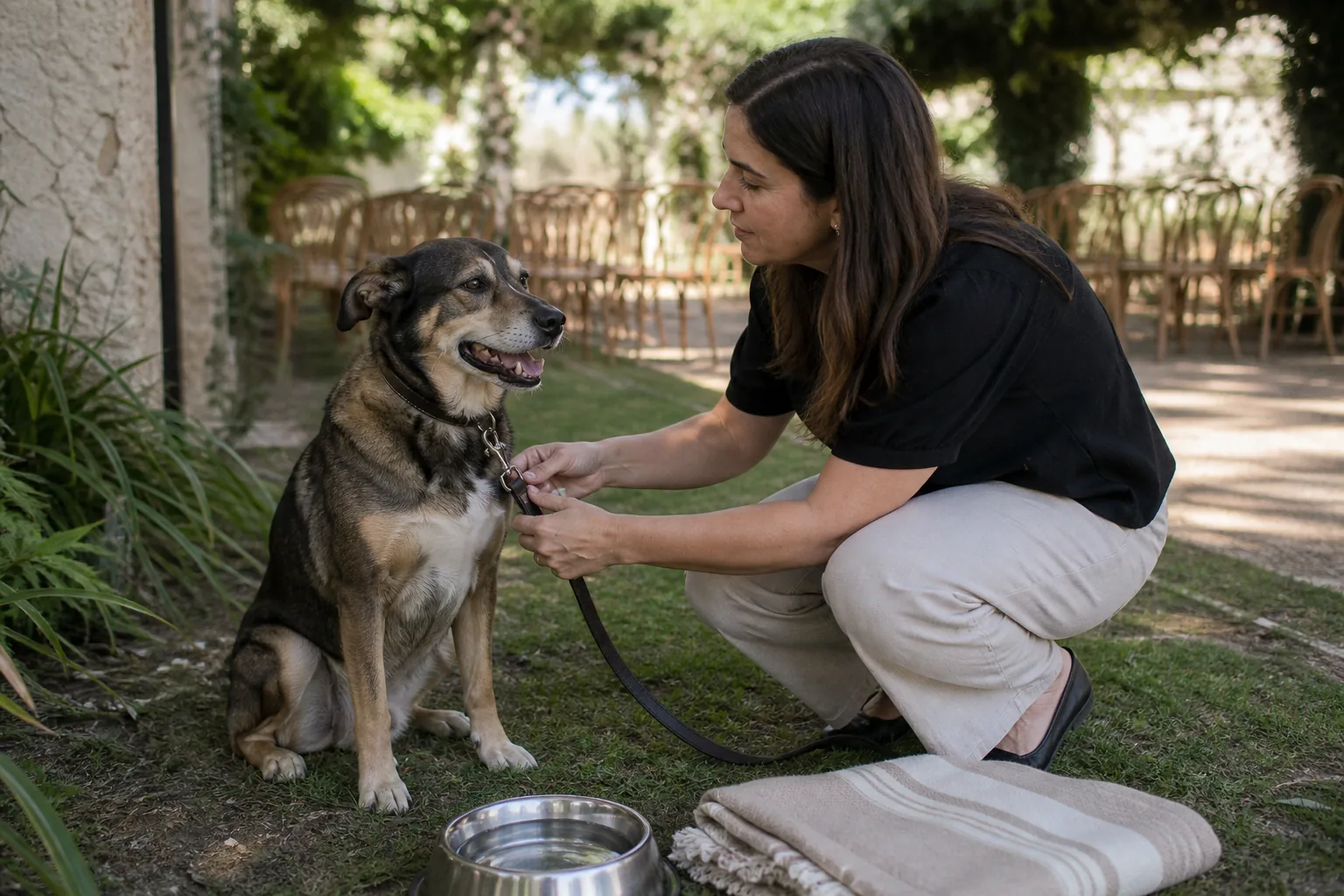 Cuidadora revisando la correa de un perro junto a agua y una manta