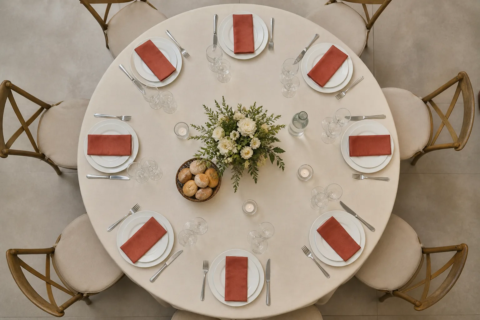 Vista superior de una mesa de casamiento con ocho cubiertos, flores, pan y agua