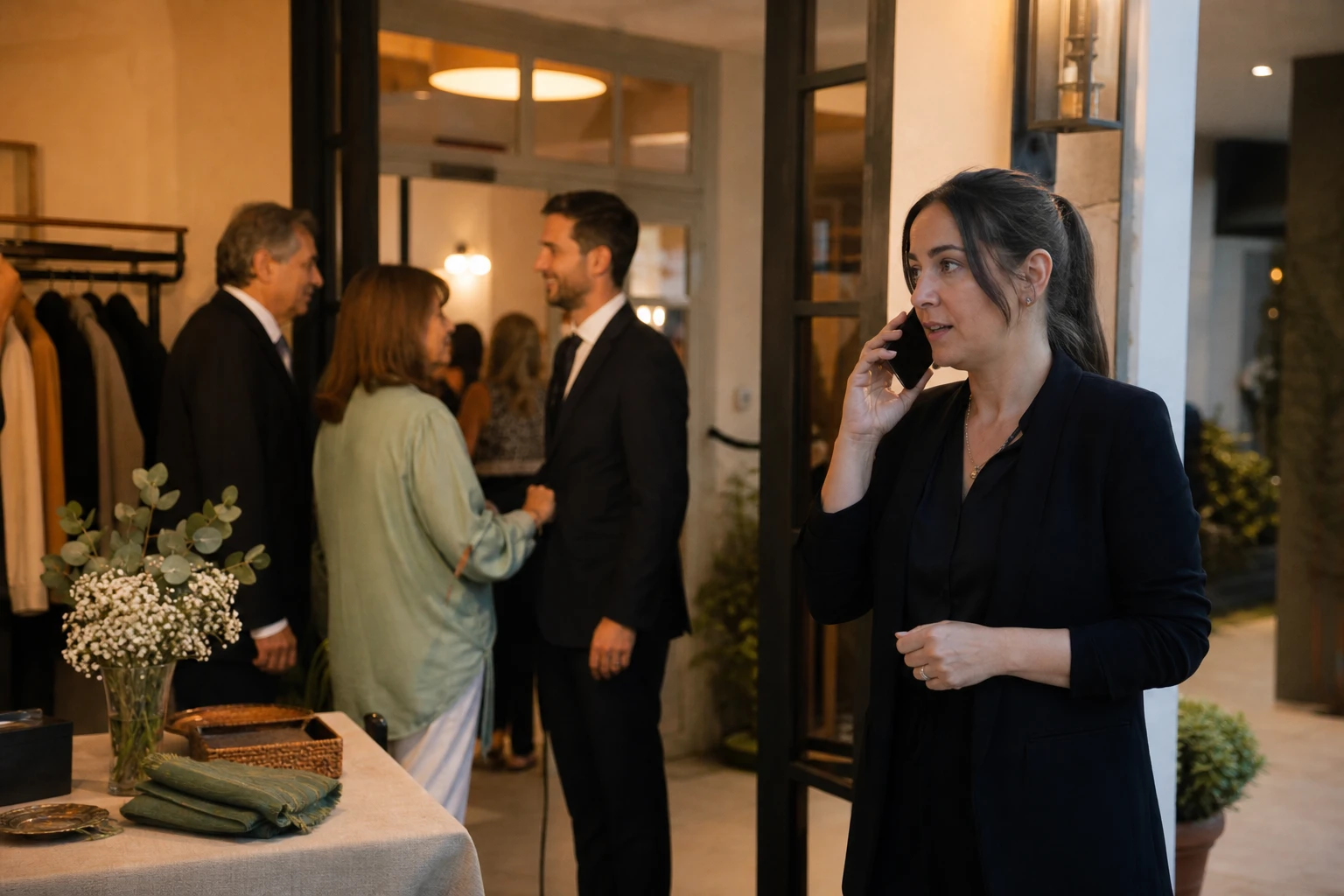 Coordinadora atendiendo una consulta mientras los anfitriones reciben invitados