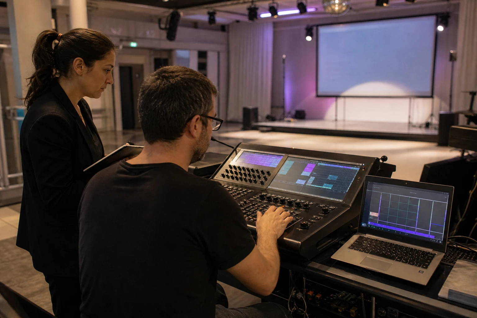 Técnico de sonido y coordinadora prueban una señal frente al escenario
