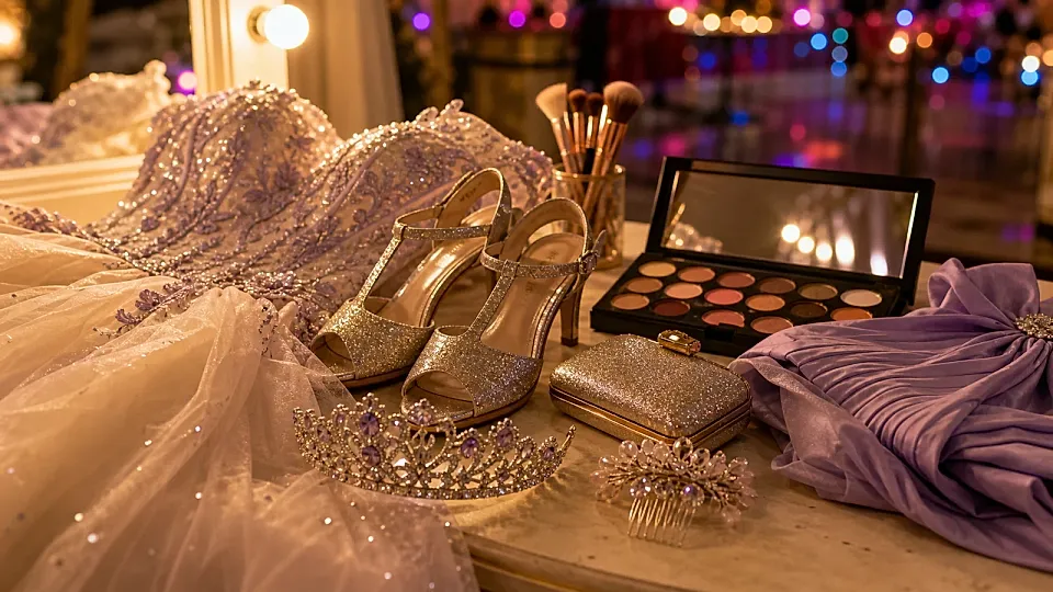 Vestido de 15 con zapatos, maquillaje y accesorios sobre una mesa