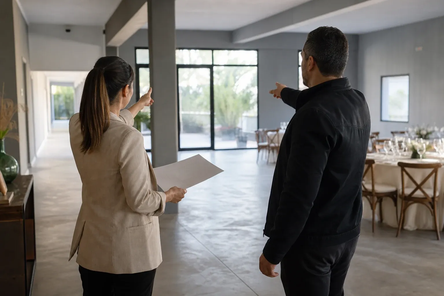 Coordinadora y supervisor recorren los accesos de un salón antes del evento