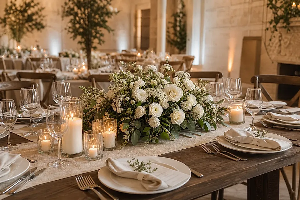 Mesa de casamiento con centro bajo de flores blancas y velas en un salón cálido