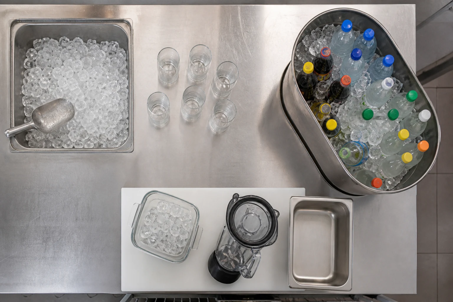 Tres zonas separan hielo para vasos, botellas y producción gastronómica