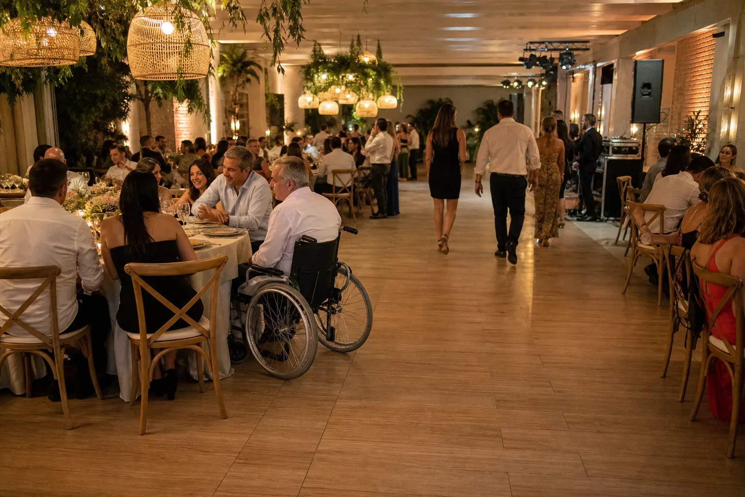 Distribución accesible de mesas y circulación hacia la pista