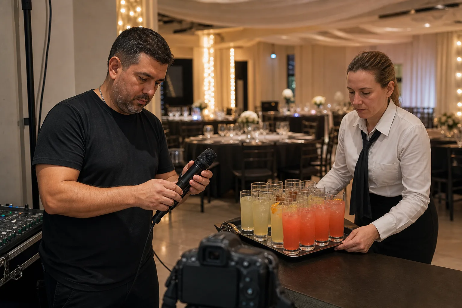 Técnico prueba el micrófono mientras el servicio prepara bebidas para el brindis