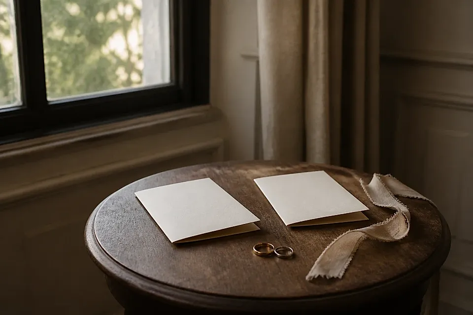 Dos tarjetas plegadas y alianzas sobre una mesa junto a una ventana.