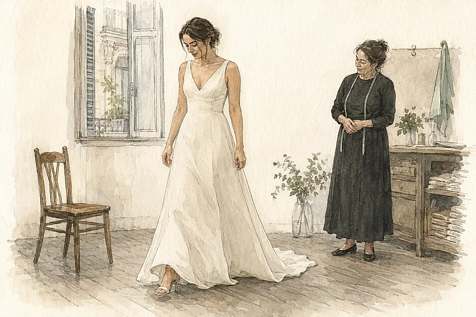 Ilustración de una novia que camina con su vestido durante la prueba en un atelier.