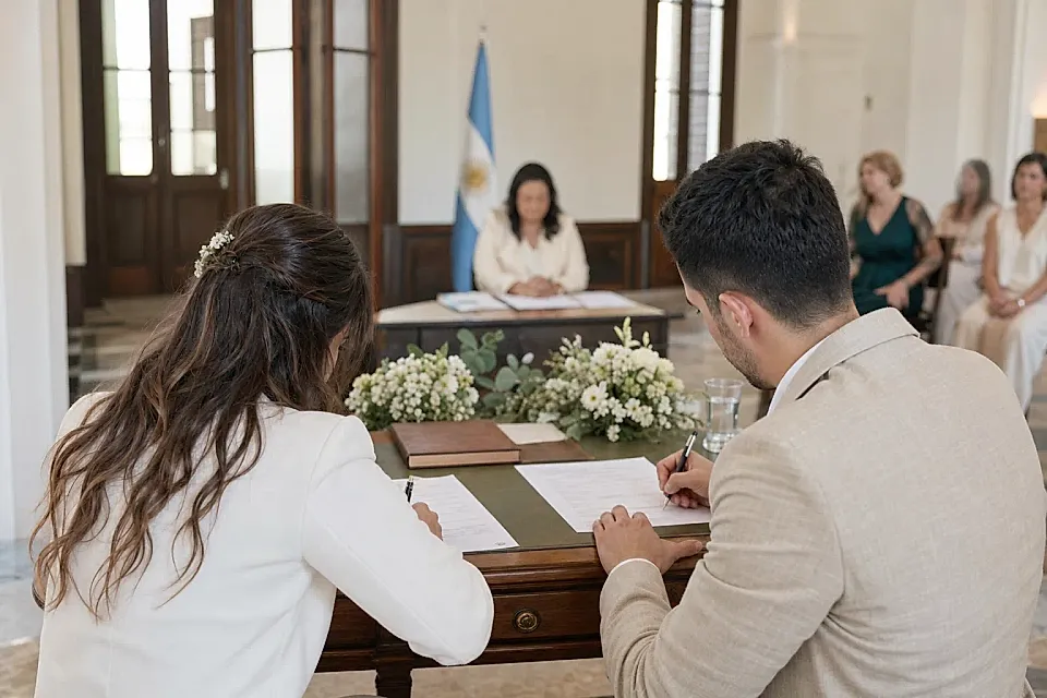 Pareja firmando el acta de matrimonio civil en un registro civil argentino