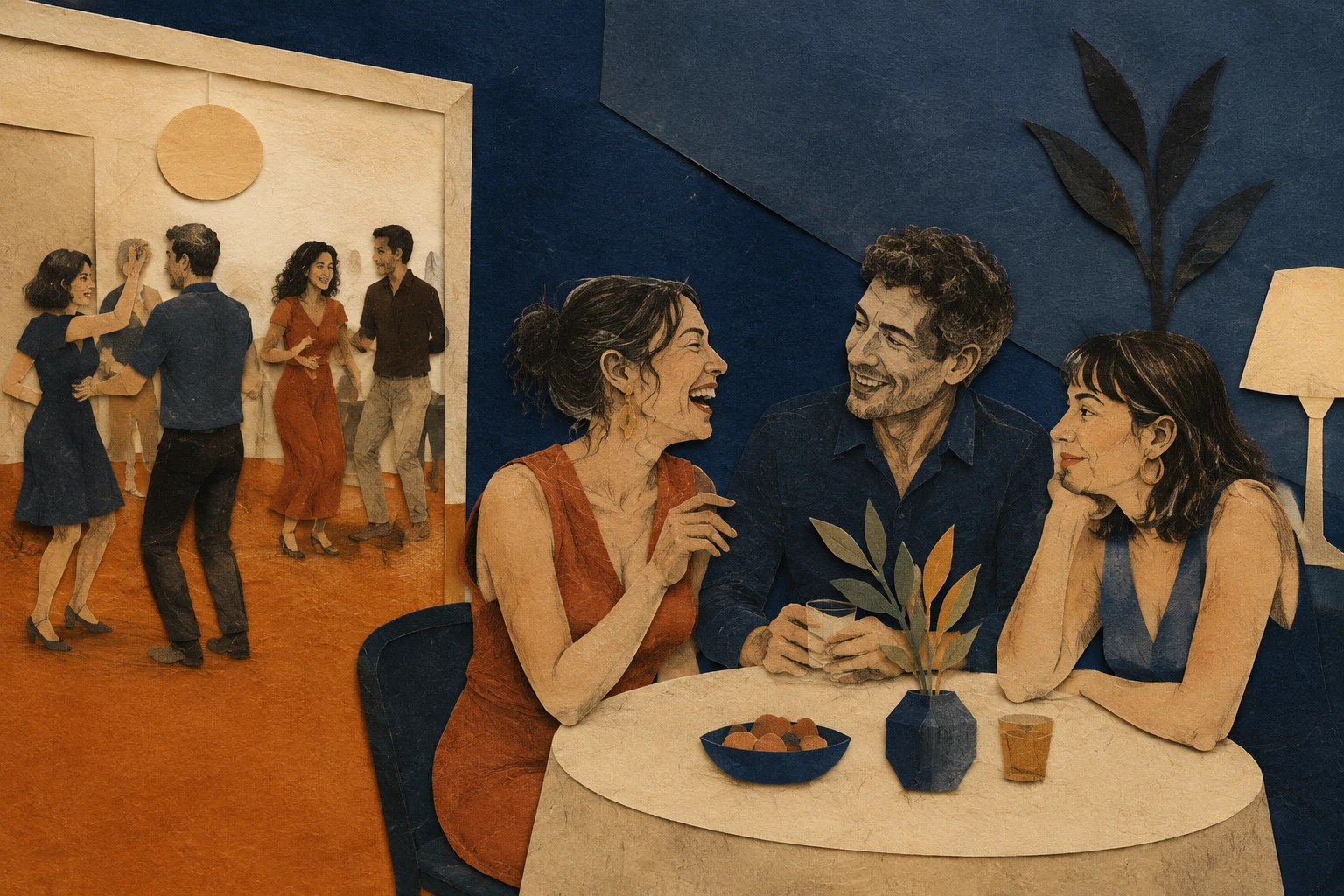 Ilustración de tres invitados conversando en una mesa, con bailarines al fondo.