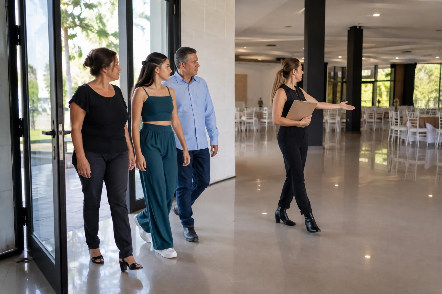 Quinceañera ensayando la entrada al salón con dos familiares y una coordinadora